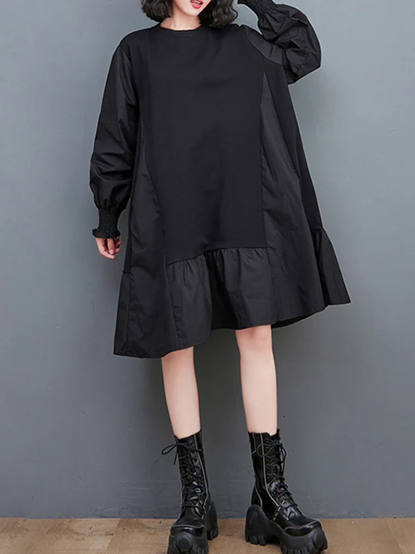 Loose Puff Sleeves Pleated Solid Color Split-Joint Round-neck Midi Dresses - Image 6