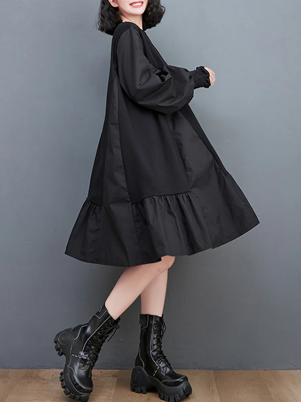 Loose Puff Sleeves Pleated Solid Color Split-Joint Round-neck Midi Dresses - Image 7