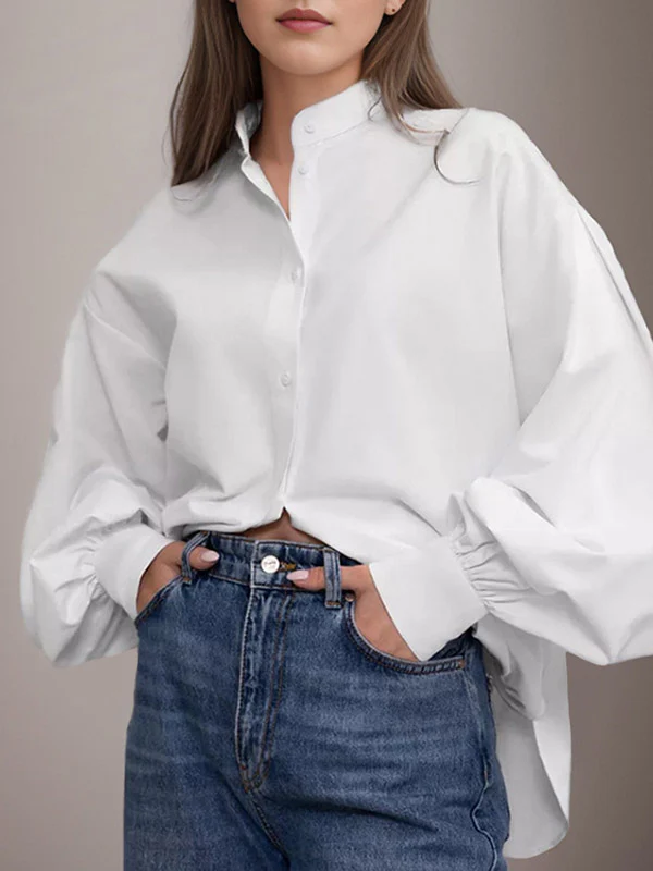 Loose Puff Sleeves Pleated Solid Color Split-Joint Split-Side Stand Collar Blouses - Image 2