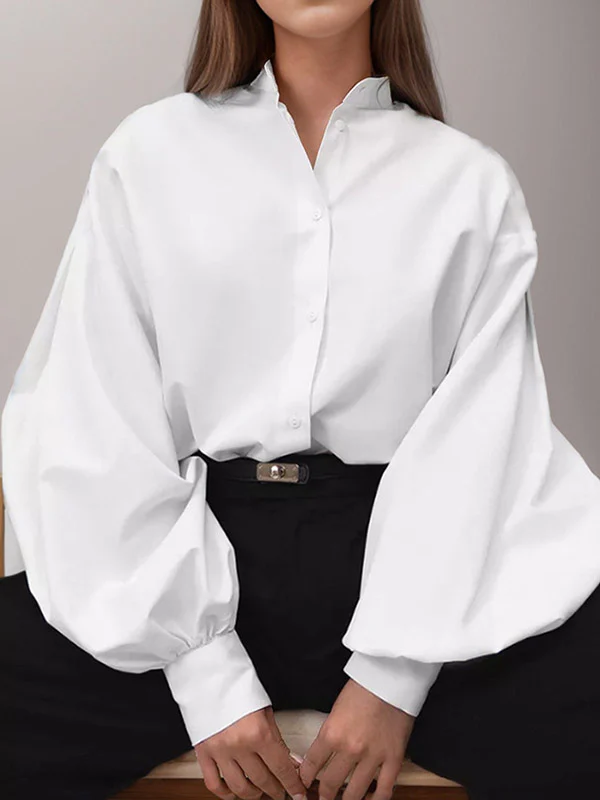 Loose Puff Sleeves Pleated Solid Color Split-Joint Split-Side Stand Collar Blouses - Image 3