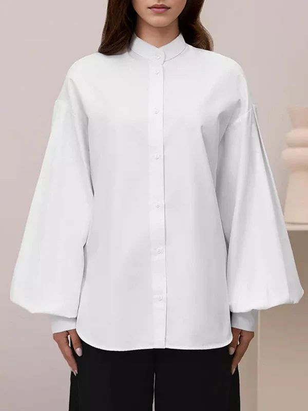 Loose Puff Sleeves Pleated Solid Color Split-Joint Split-Side Stand Collar Blouses - Image 4
