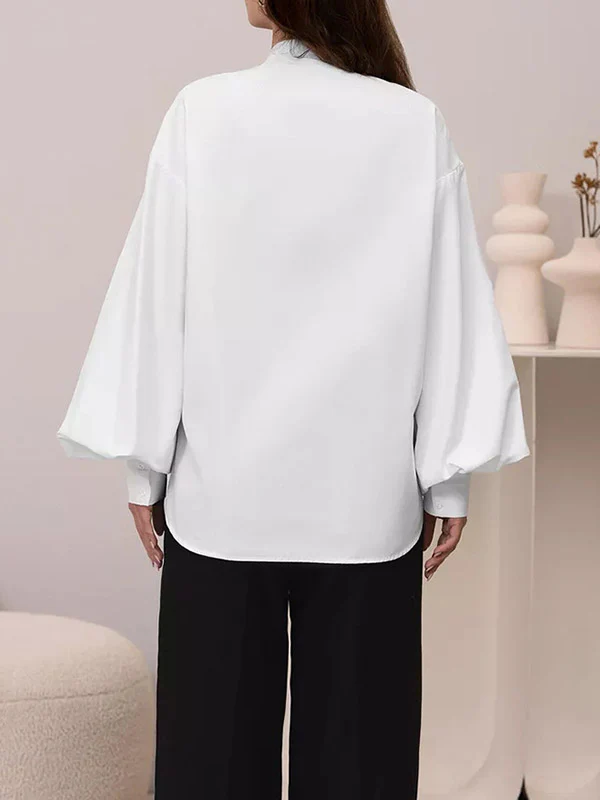 Loose Puff Sleeves Pleated Solid Color Split-Joint Split-Side Stand Collar Blouses - Image 5