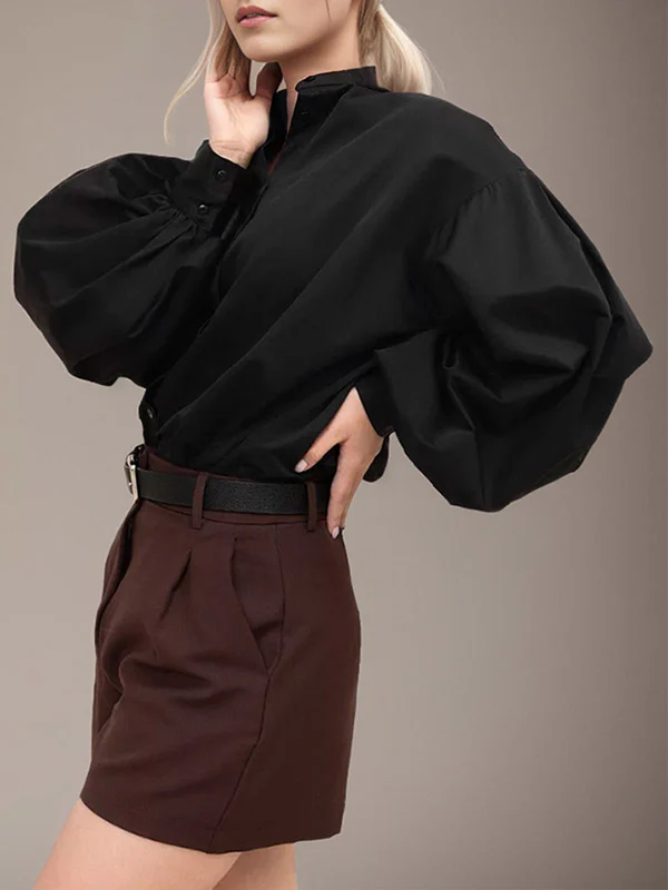 Loose Puff Sleeves Pleated Solid Color Split-Joint Split-Side Stand Collar Blouses - Image 6