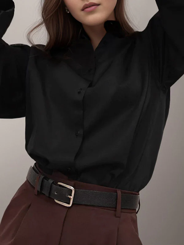 Loose Puff Sleeves Pleated Solid Color Split-Joint Split-Side Stand Collar Blouses - Image 7