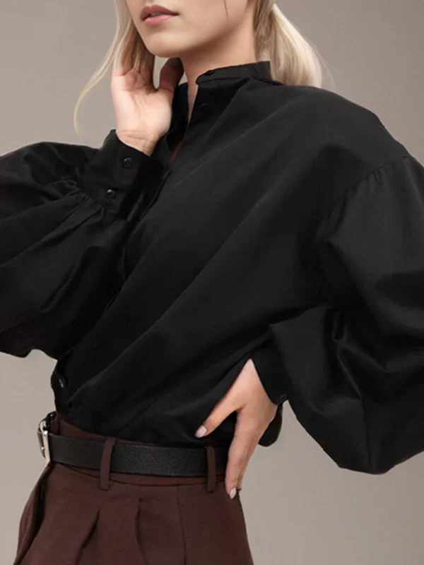 Loose Puff Sleeves Pleated Solid Color Split-Joint Split-Side Stand Collar Blouses - Image 8