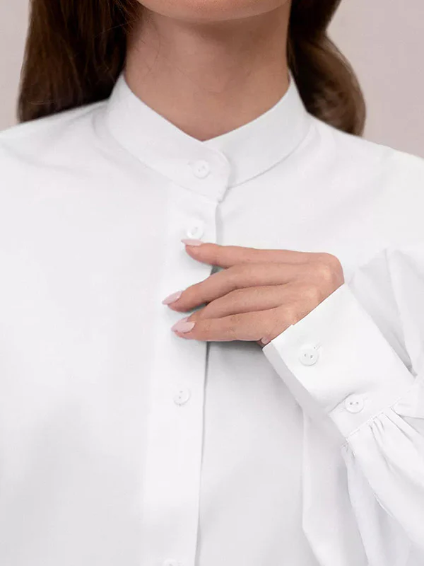 Loose Puff Sleeves Pleated Solid Color Split-Joint Split-Side Stand Collar Blouses - Image 9