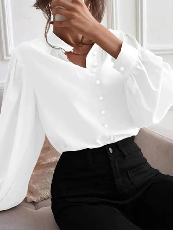 Loose Puff Sleeves Pleated Solid Color Split-Joint Stand Collar Blouses - Image 10