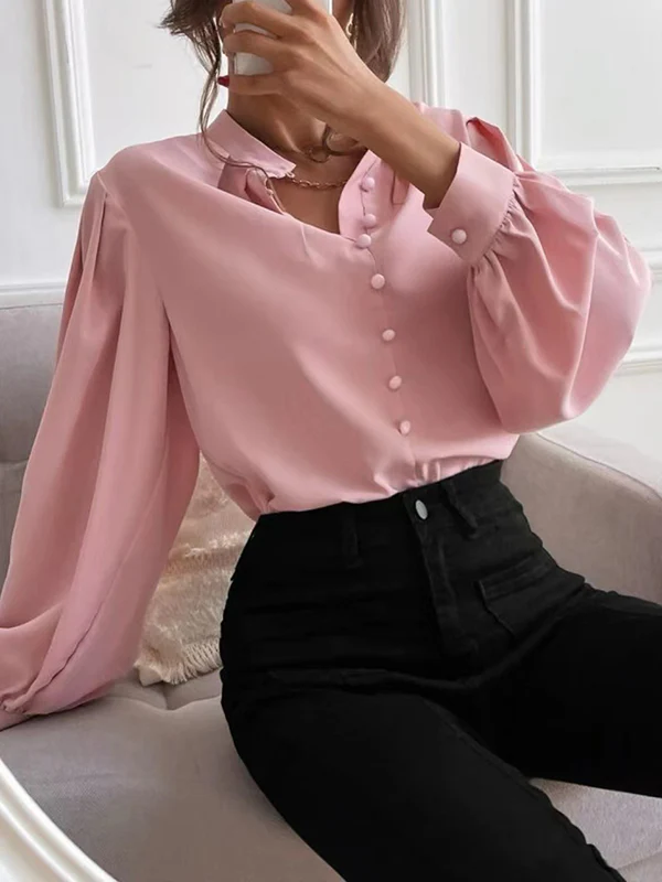 Loose Puff Sleeves Pleated Solid Color Split-Joint Stand Collar Blouses - Image 11