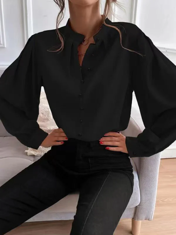 Loose Puff Sleeves Pleated Solid Color Split-Joint Stand Collar Blouses - Image 12