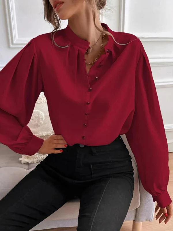 Loose Puff Sleeves Pleated Solid Color Split-Joint Stand Collar Blouses - Image 13