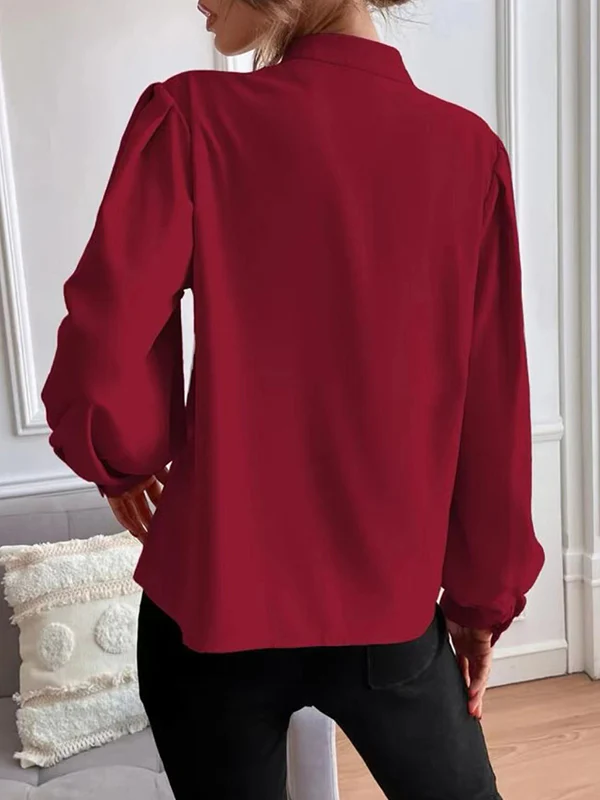 Loose Puff Sleeves Pleated Solid Color Split-Joint Stand Collar Blouses - Image 14