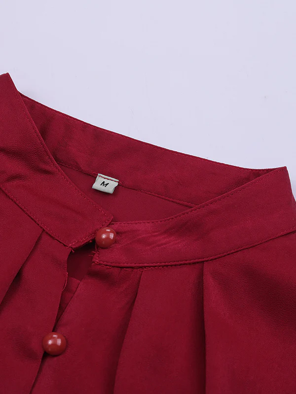Loose Puff Sleeves Pleated Solid Color Split-Joint Stand Collar Blouses - Image 15