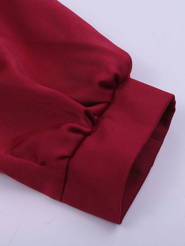 Loose Puff Sleeves Pleated Solid Color Split-Joint Stand Collar Blouses - Image 17