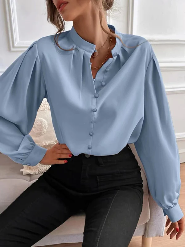 Loose Puff Sleeves Pleated Solid Color Split-Joint Stand Collar Blouses - Image 2