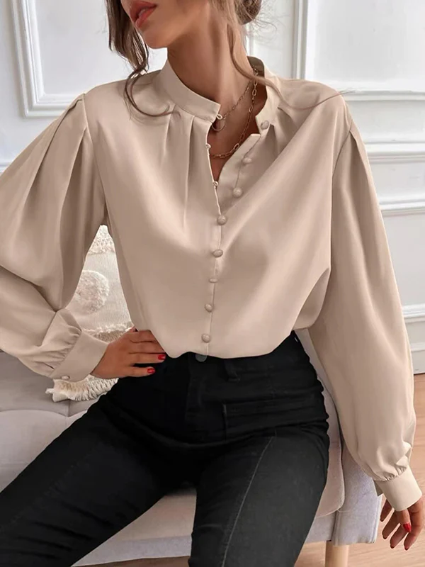 Loose Puff Sleeves Pleated Solid Color Split-Joint Stand Collar Blouses - Image 3
