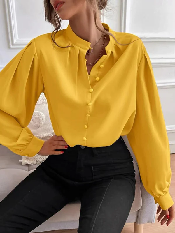 Loose Puff Sleeves Pleated Solid Color Split-Joint Stand Collar Blouses - Image 4
