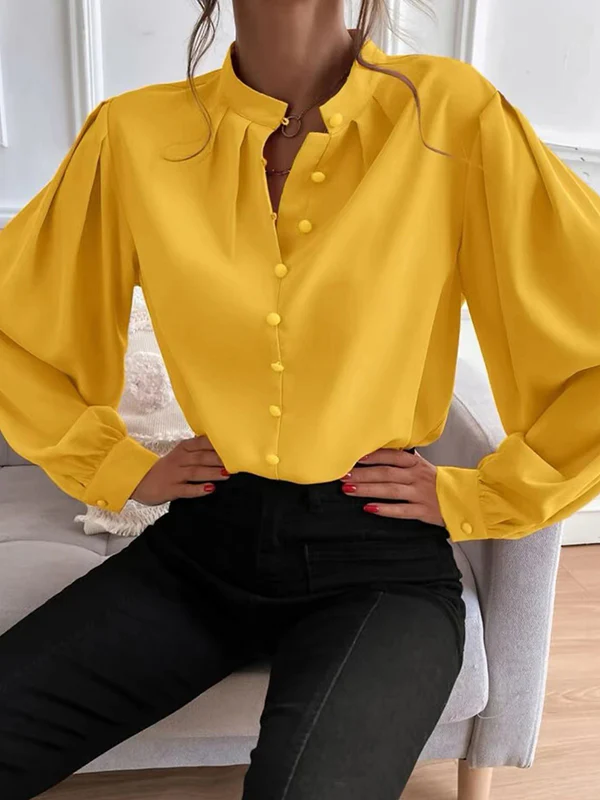 Loose Puff Sleeves Pleated Solid Color Split-Joint Stand Collar Blouses - Image 5