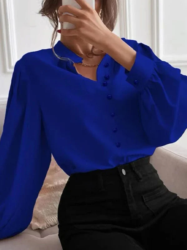 Loose Puff Sleeves Pleated Solid Color Split-Joint Stand Collar Blouses - Image 6