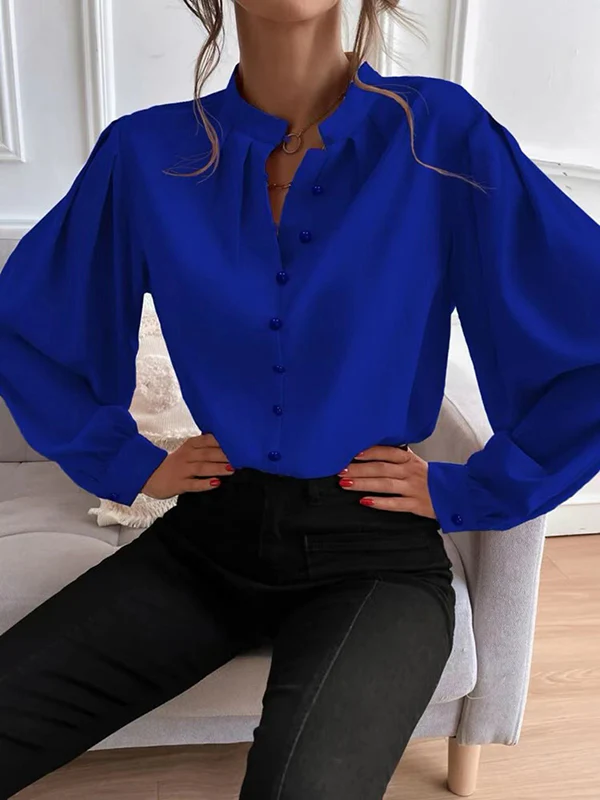 Loose Puff Sleeves Pleated Solid Color Split-Joint Stand Collar Blouses - Image 7