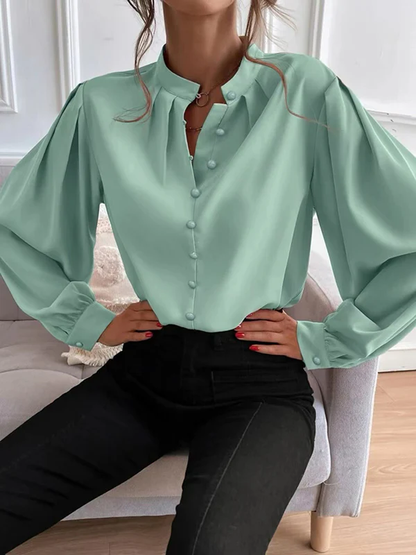 Loose Puff Sleeves Pleated Solid Color Split-Joint Stand Collar Blouses - Image 8