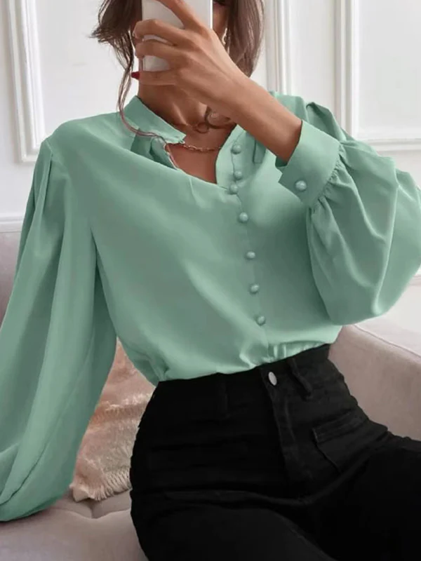 Loose Puff Sleeves Pleated Solid Color Split-Joint Stand Collar Blouses - Image 9