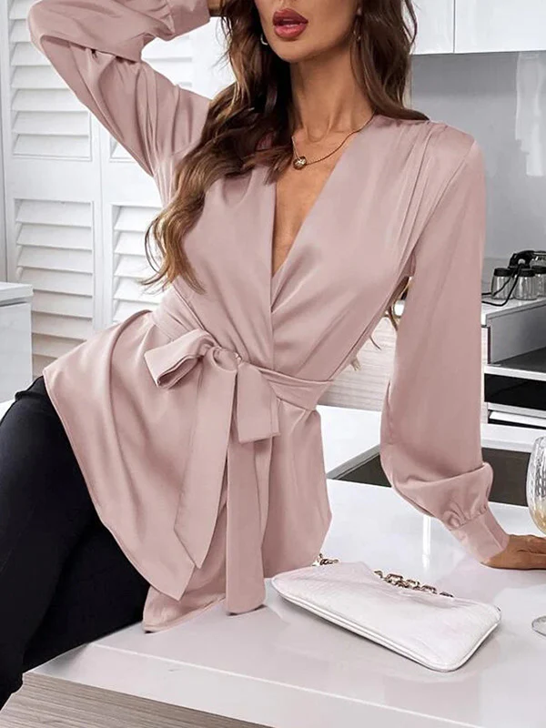 Loose Puff Sleeves Pleated Solid Color Split-Joint Tied Waist V-Neck Blouses&Shirts Tops - Image 2