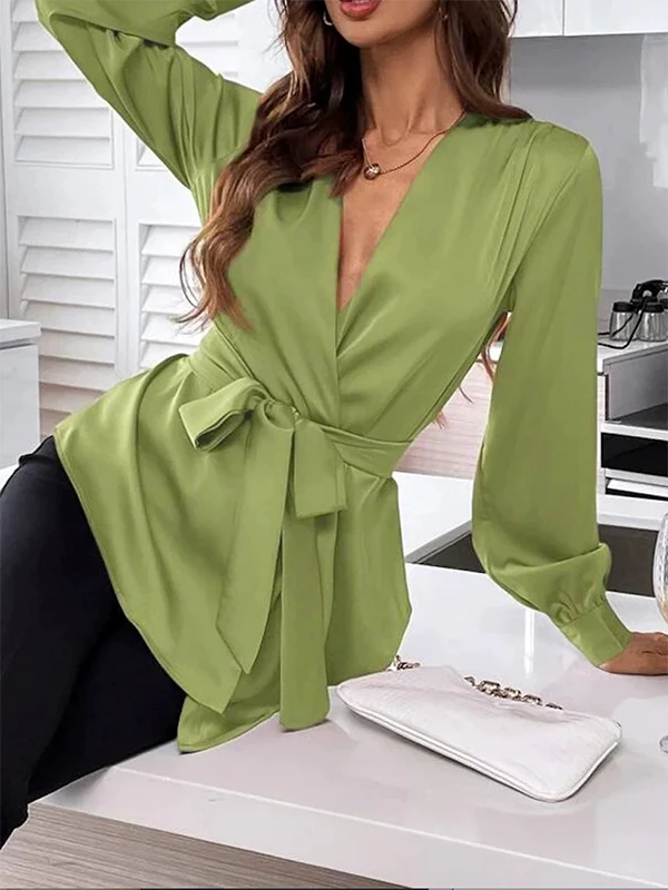 Loose Puff Sleeves Pleated Solid Color Split-Joint Tied Waist V-Neck Blouses&Shirts Tops - Image 3