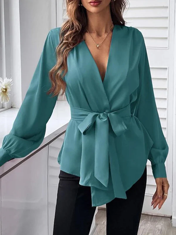 Loose Puff Sleeves Pleated Solid Color Split-Joint Tied Waist V-Neck Blouses&Shirts Tops - Image 4