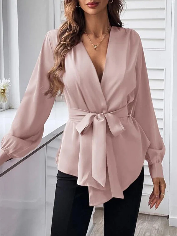 Loose Puff Sleeves Pleated Solid Color Split-Joint Tied Waist V-Neck Blouses&Shirts Tops - Image 5
