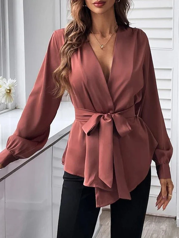 Loose Puff Sleeves Pleated Solid Color Split-Joint Tied Waist V-Neck Blouses&Shirts Tops - Image 6