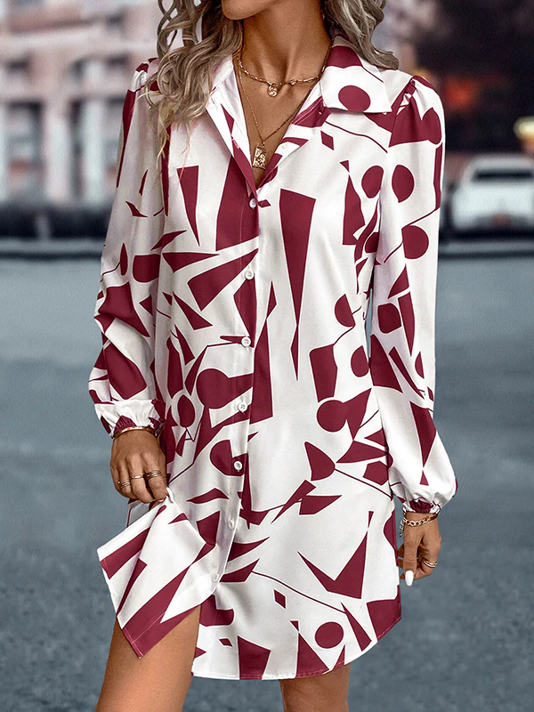 Loose Puff Sleeves Printed Split-Joint Lapel Mini Dresses Shirt Dress - Image 10