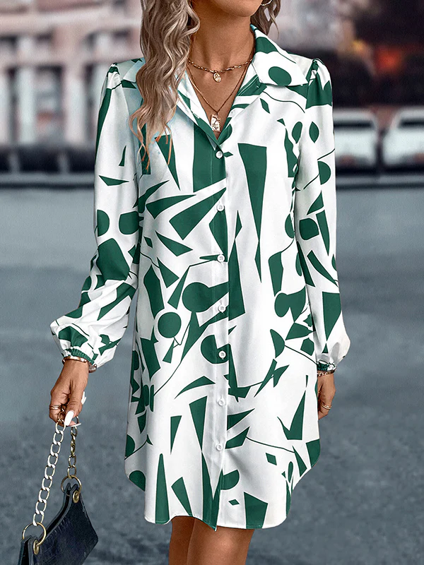 Loose Puff Sleeves Printed Split-Joint Lapel Mini Dresses Shirt Dress - Image 11