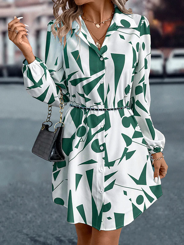 Loose Puff Sleeves Printed Split-Joint Lapel Mini Dresses Shirt Dress - Image 12