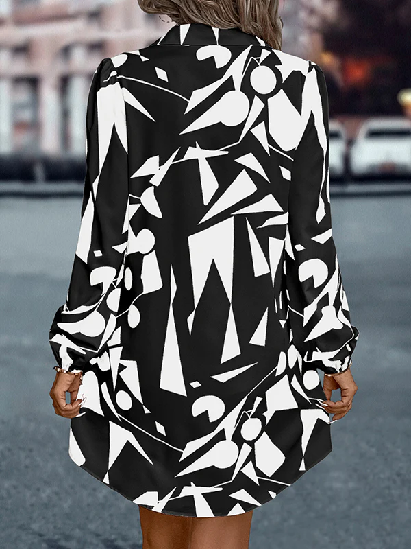 Loose Puff Sleeves Printed Split-Joint Lapel Mini Dresses Shirt Dress - Image 14