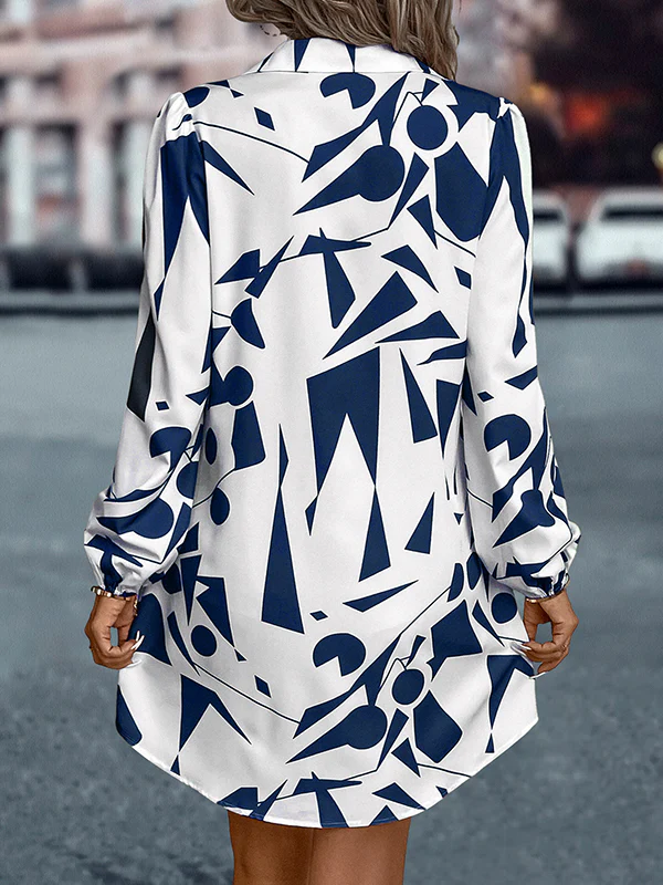 Loose Puff Sleeves Printed Split-Joint Lapel Mini Dresses Shirt Dress - Image 5