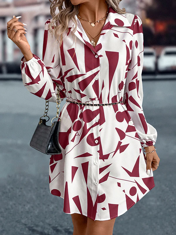 Loose Puff Sleeves Printed Split-Joint Lapel Mini Dresses Shirt Dress - Image 9