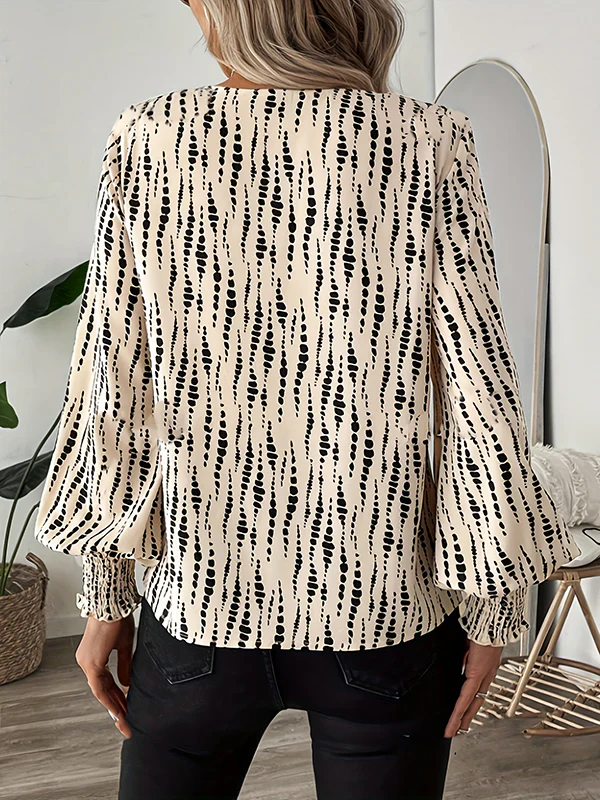 Loose Puff Sleeves Printed Split-Joint V-Neck Blouses&Shirts Tops - Image 3