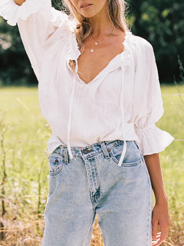 Loose Puff Sleeves Ruffled Solid Color Off-The-Shoulder Blouses&Shirts Tops - Image 3