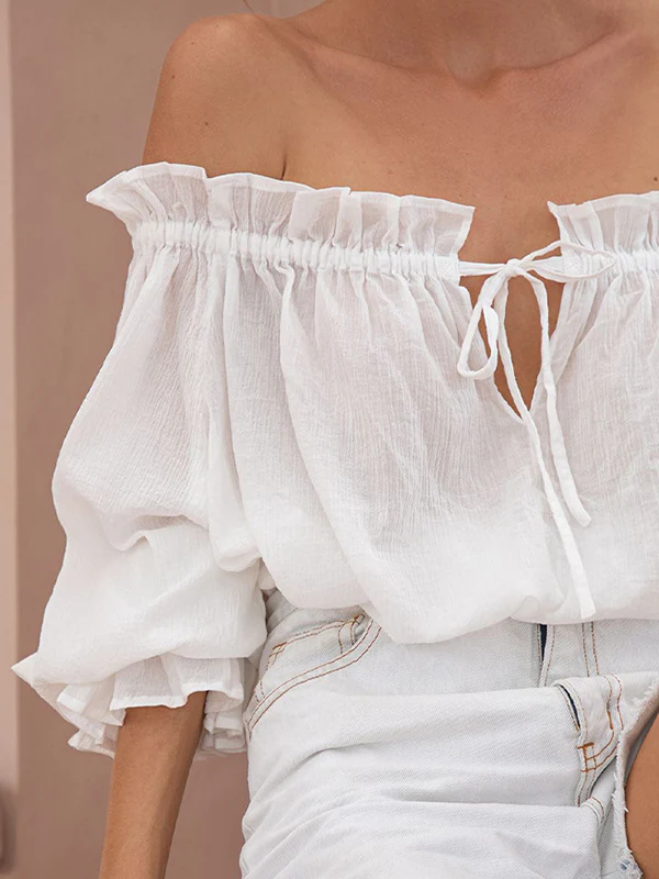 Loose Puff Sleeves Ruffled Solid Color Off-The-Shoulder Blouses&Shirts Tops - Image 9