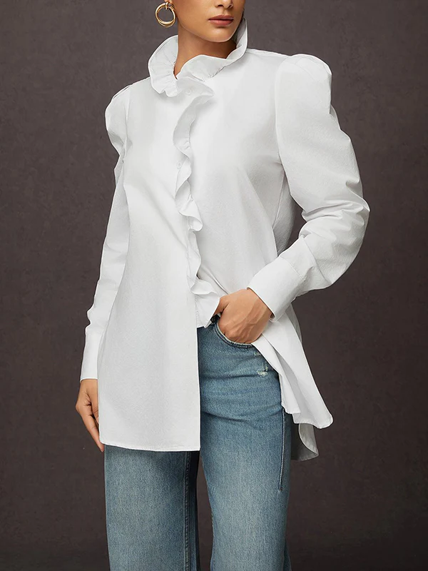 Loose Puff Sleeves Ruffled Solid Color Split-Joint Stand Collar Blouses&Shirts Tops - Image 2