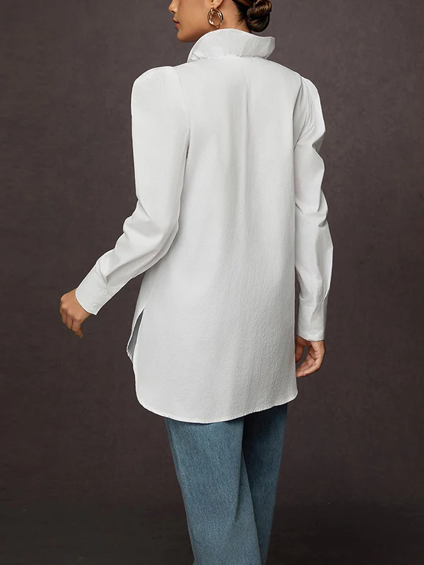 Loose Puff Sleeves Ruffled Solid Color Split-Joint Stand Collar Blouses&Shirts Tops - Image 3