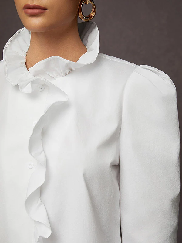 Loose Puff Sleeves Ruffled Solid Color Split-Joint Stand Collar Blouses&Shirts Tops - Image 4