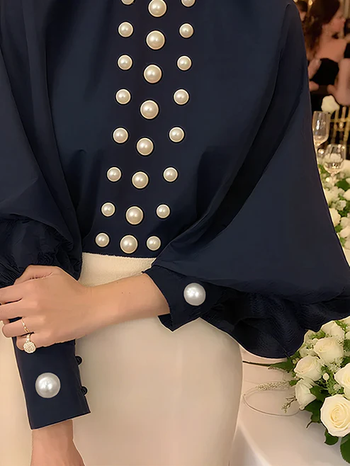 Loose Puff Sleeves Solid Color High Neck Blouses&Shirts Tops - Image 3