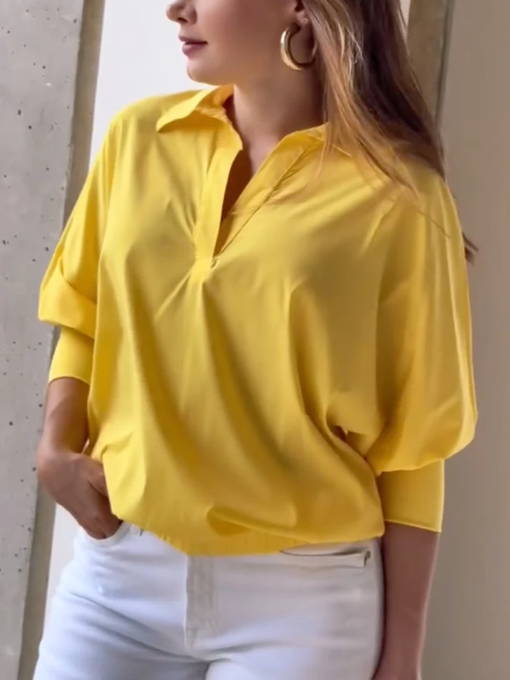 Loose Puff Sleeves Solid Color Lapel Blouses&Shirts Tops - Image 2