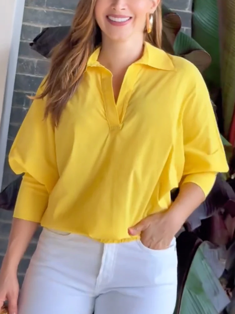 Loose Puff Sleeves Solid Color Lapel Blouses&Shirts Tops - Image 3