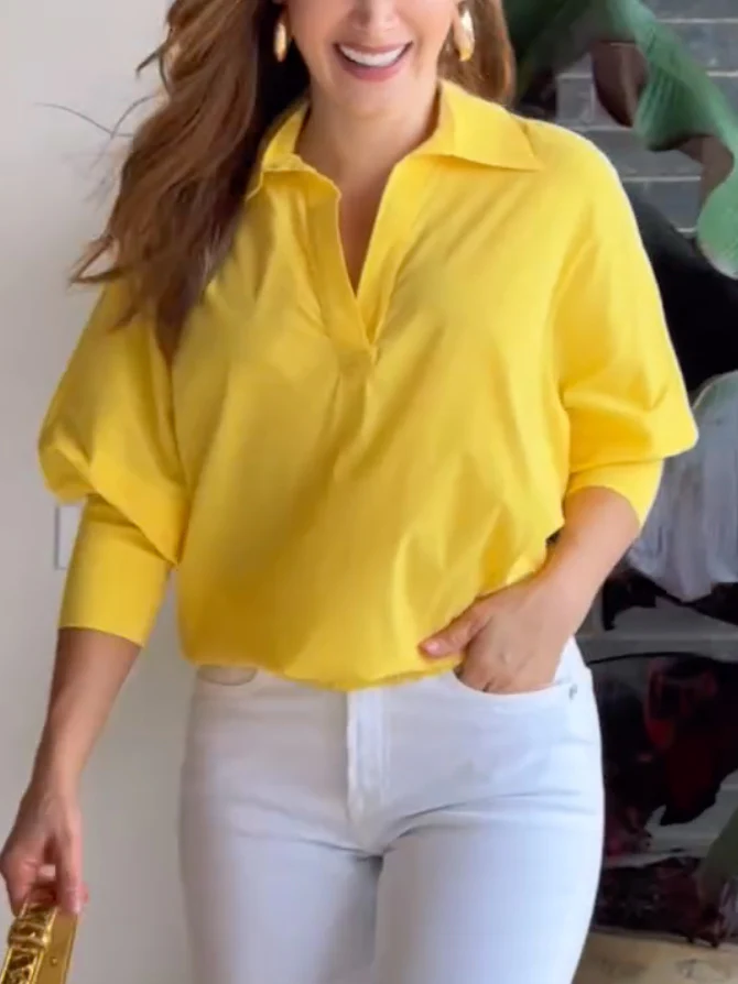 Loose Puff Sleeves Solid Color Lapel Blouses&Shirts Tops - Image 4