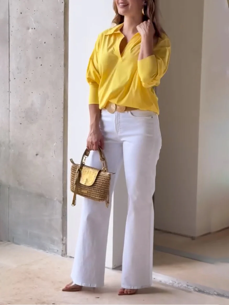 Loose Puff Sleeves Solid Color Lapel Blouses&Shirts Tops - Image 5
