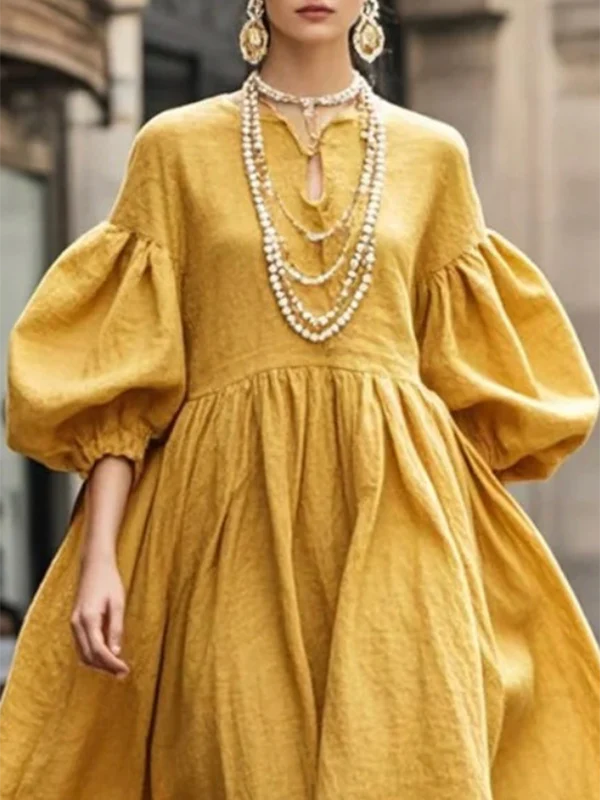Loose Puff Sleeves Solid Color Round-neck Maxi Dresses - Image 2