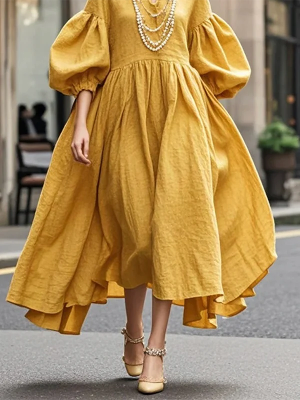 Loose Puff Sleeves Solid Color Round-neck Maxi Dresses - Image 3
