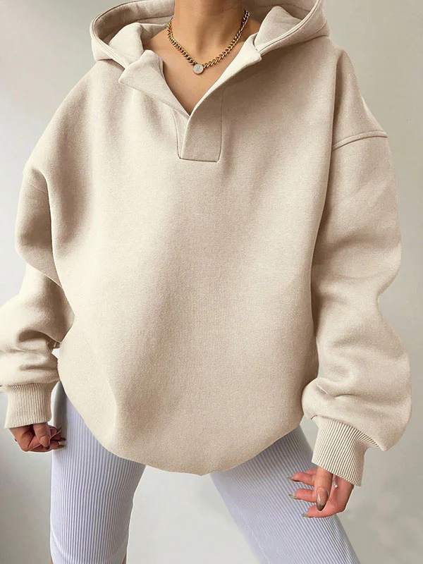 Loose Puff Sleeves Solid Color Split-Joint Hooded Hoodies Tops - Image 10